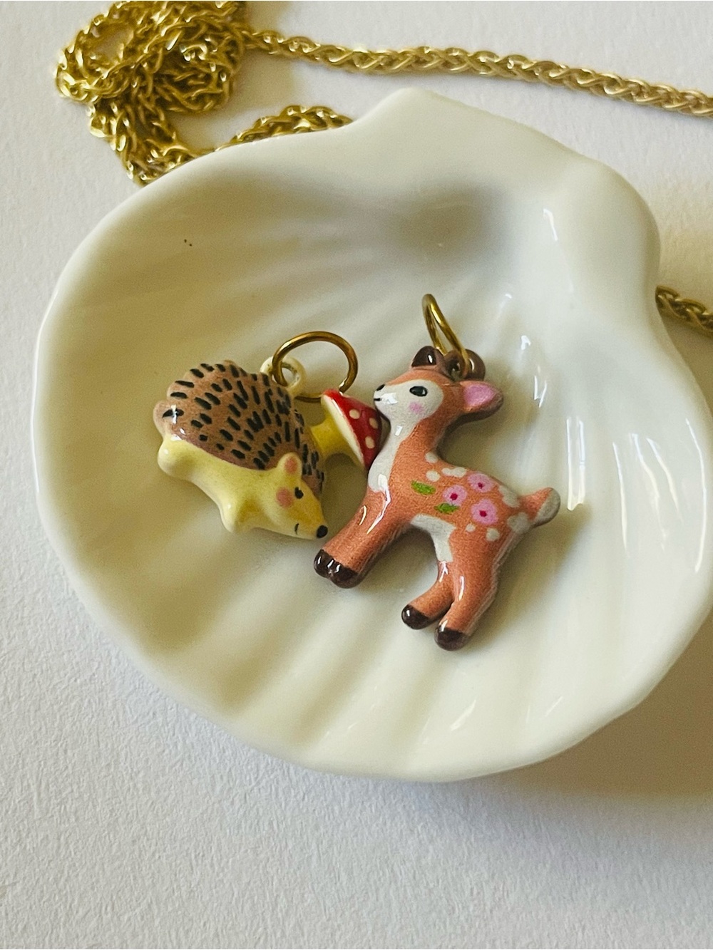 Deer and Hedgehog Mushroom Enamel Charms pendants, autumn inspired boho